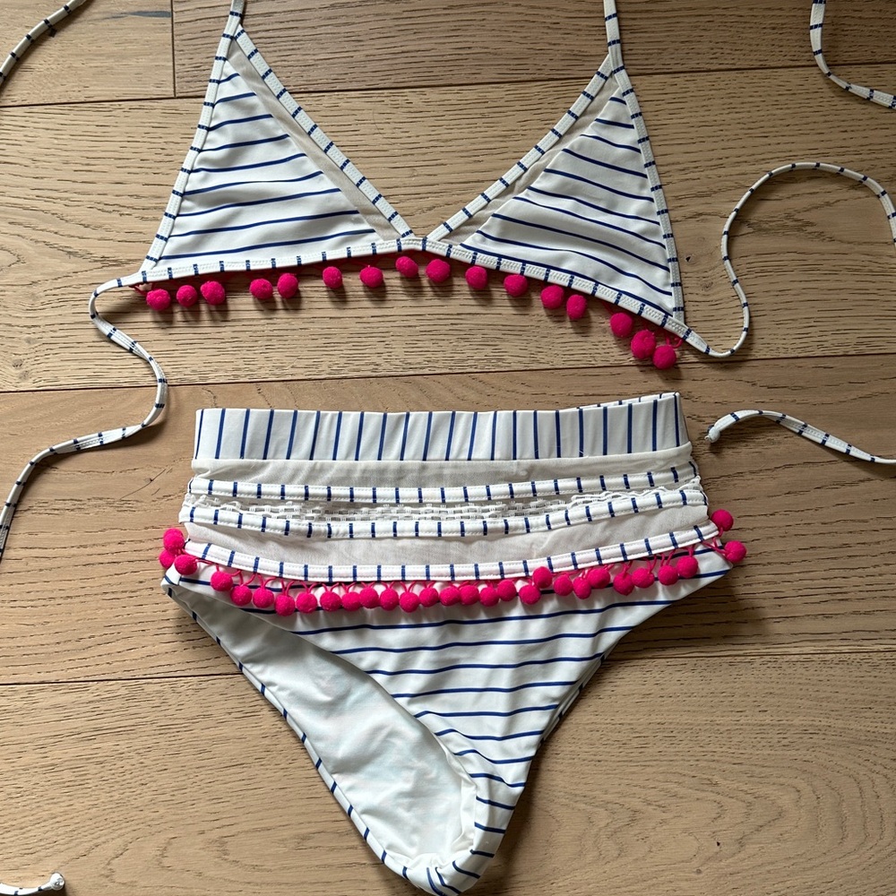 Tularosa White and Blue Striped Bikini with Pink Accents